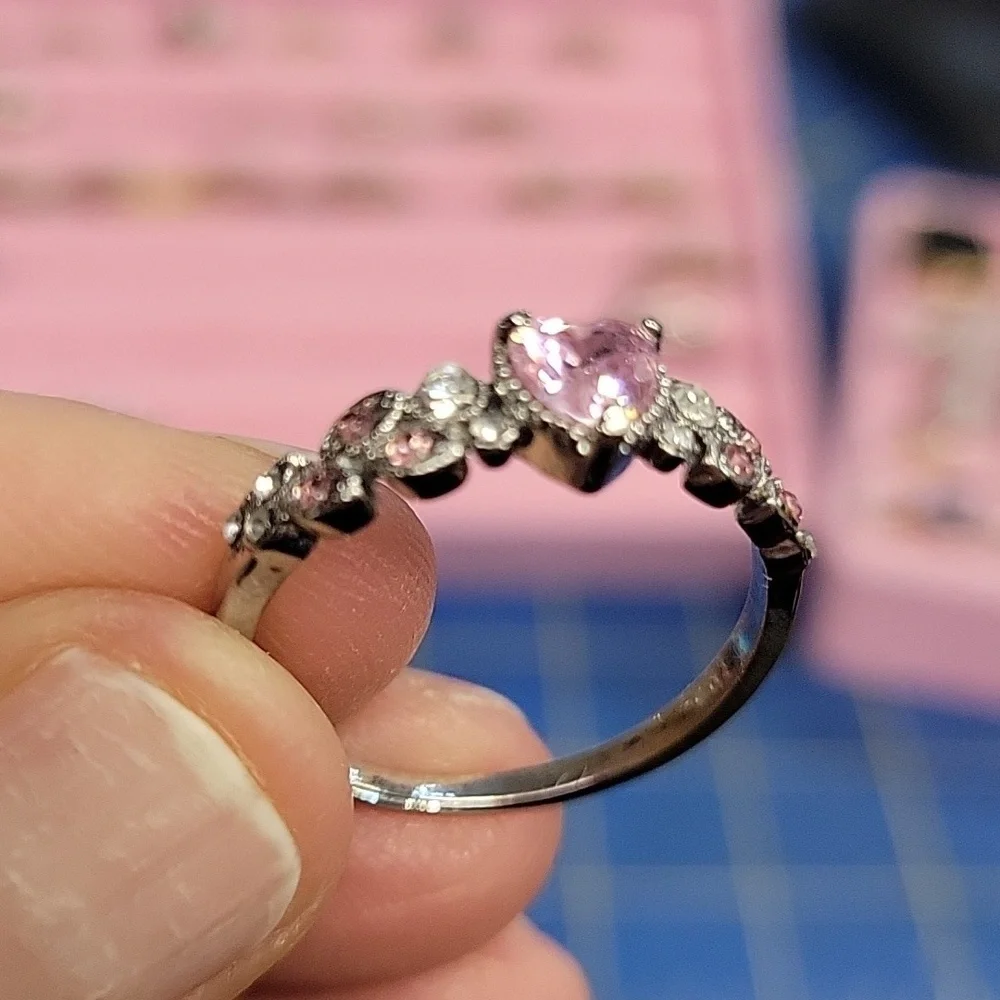 Pink Heart & Rhinestone Silver Tone Ring - Picture 3 of 5